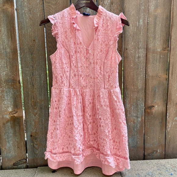 Disney Other - DISNEY Girls Pink Floral Lace Ruffle Mini Dress Beauty Beast Size Large